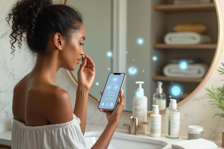 Mulher usando celular para personalizar rotina de skincare com produtos sobre a pia