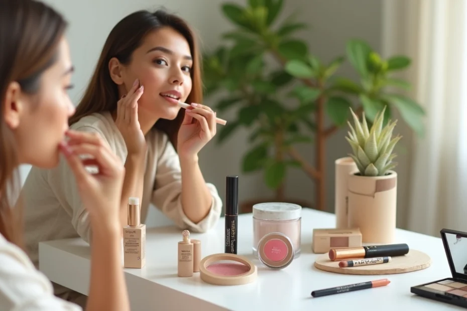 Mulher aplicando maquiagem vegana com pincel ao lado de embalagens sustentáveis
