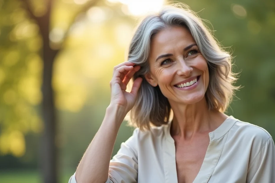 Mulher de cabelos grisalhos sorrindo ao ar livre de forma confiante