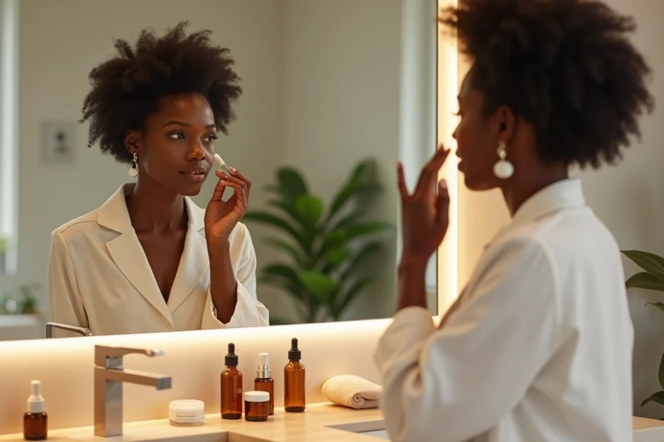 Mulher negra sorrindo aplicando creme no rosto em frente ao espelho