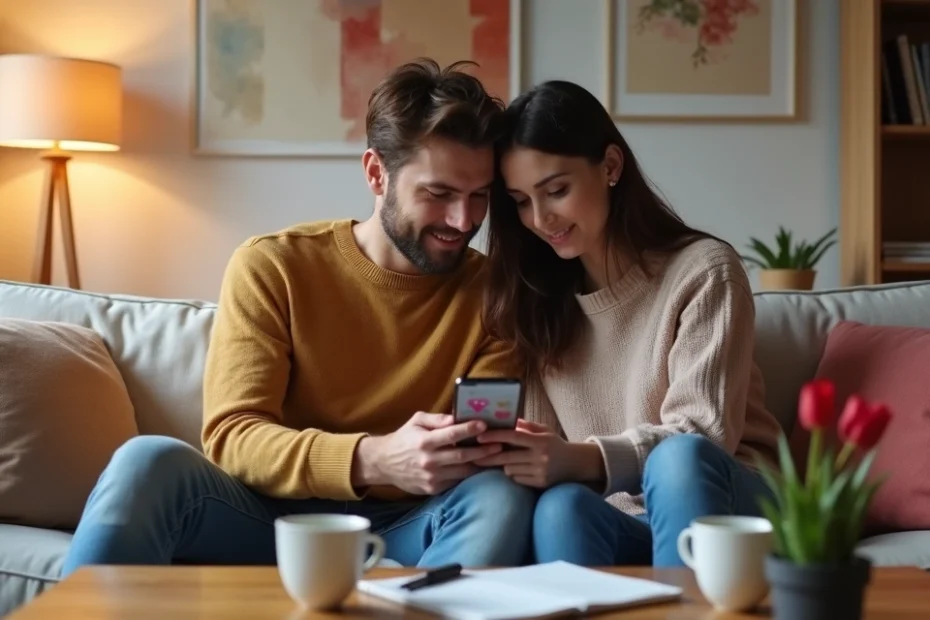 Casal sentado no sofá respondendo teste sobre linguagem do amor no celular