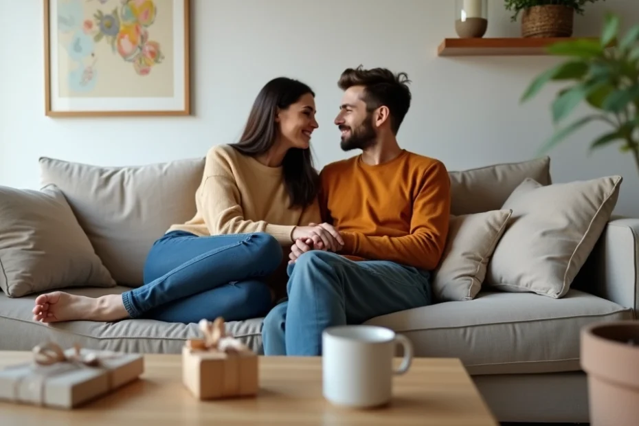 Casal conversando e trocando carinho sentados juntos no sofá