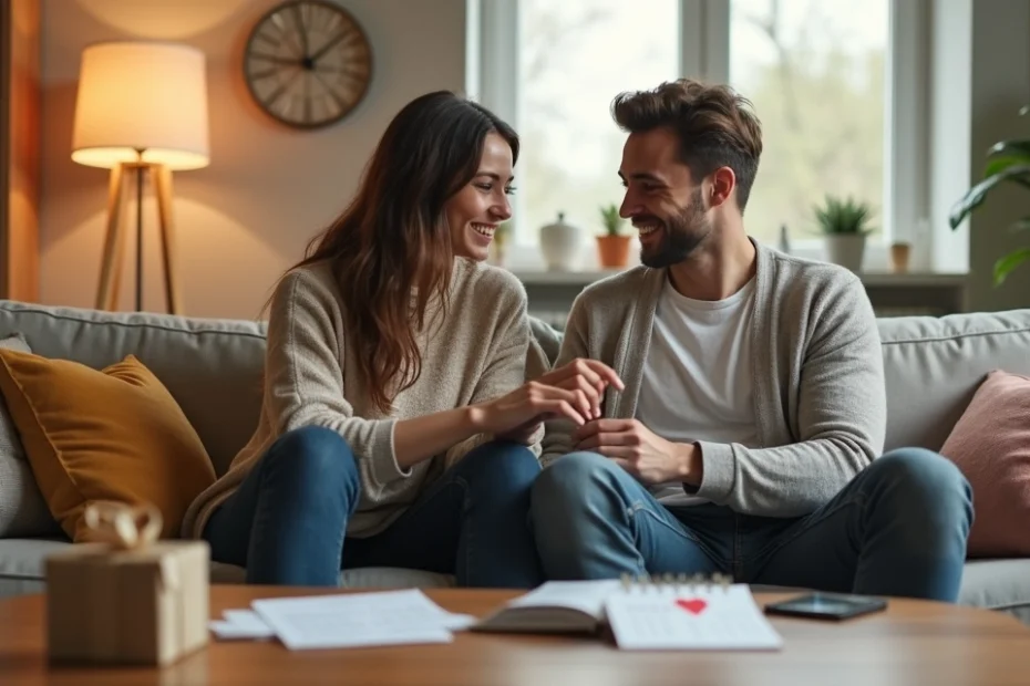 Casal sentado em sofá trocando presentes, palavras de carinho e tempo juntos