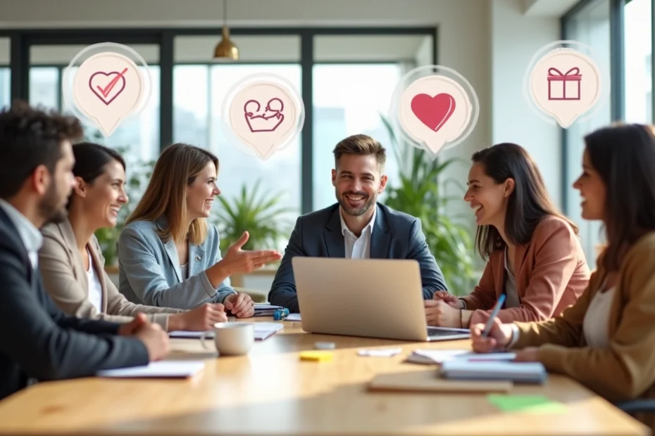 Equipe diversa em escritório colaborativo com ícones de corações e diálogo ao fundo