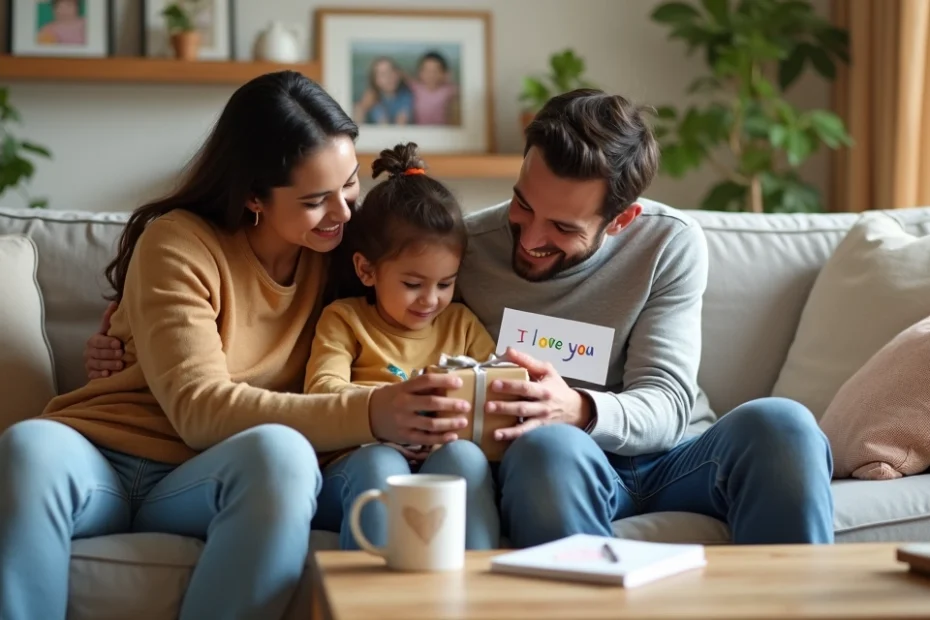 Família sentada no sofá demonstrando diferentes formas de carinho